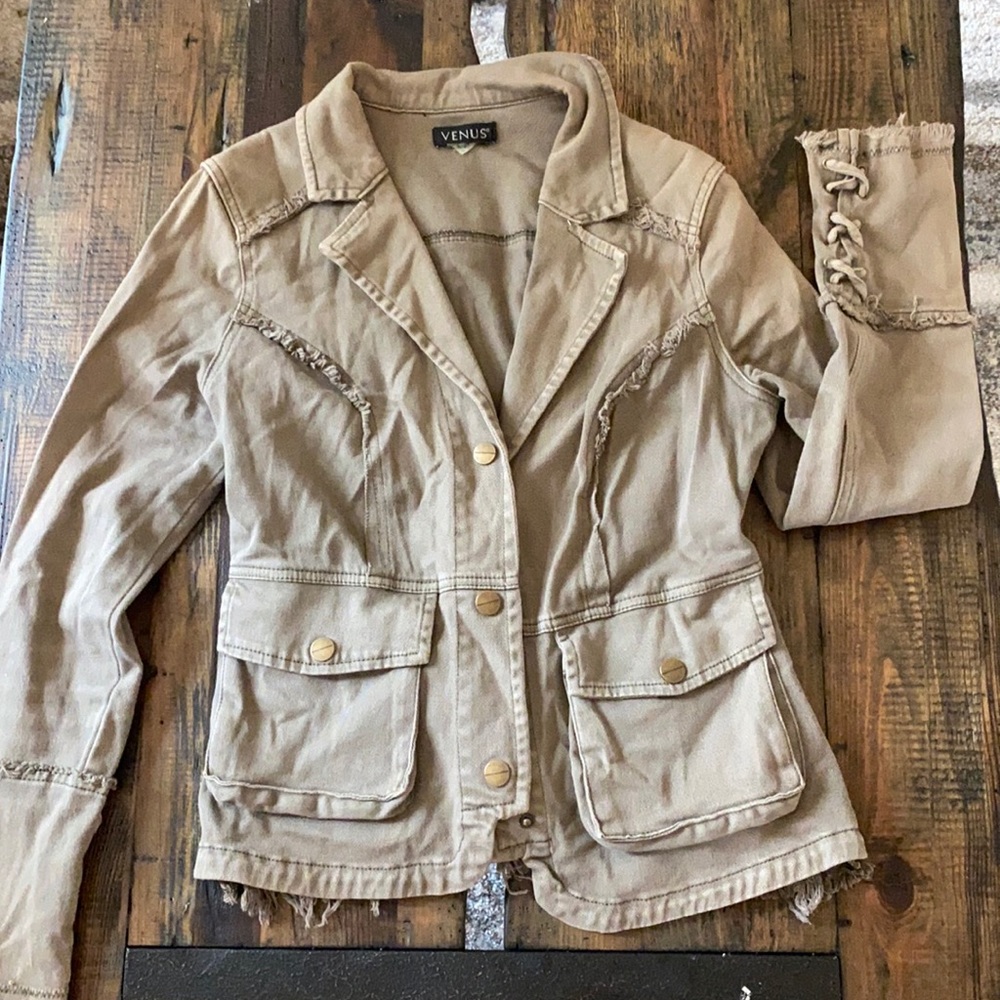 Green utility jacket with lace up sleeve detail